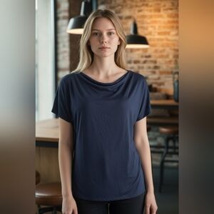 Elegant Navy Blue Wrights Women's Draped Neck Top Ruched Sides NWOT Size M